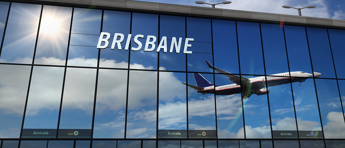 Airplane taking off at Brisbane Airport in Australia.