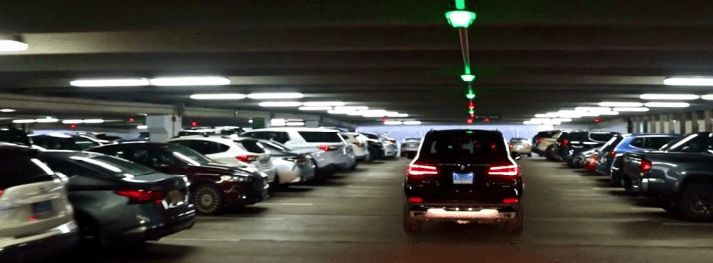 Mounted above the driving lane, the LED on the bottom of the M5 changes from green unoccupied to red occupied when a vehicle parks in a parking garage