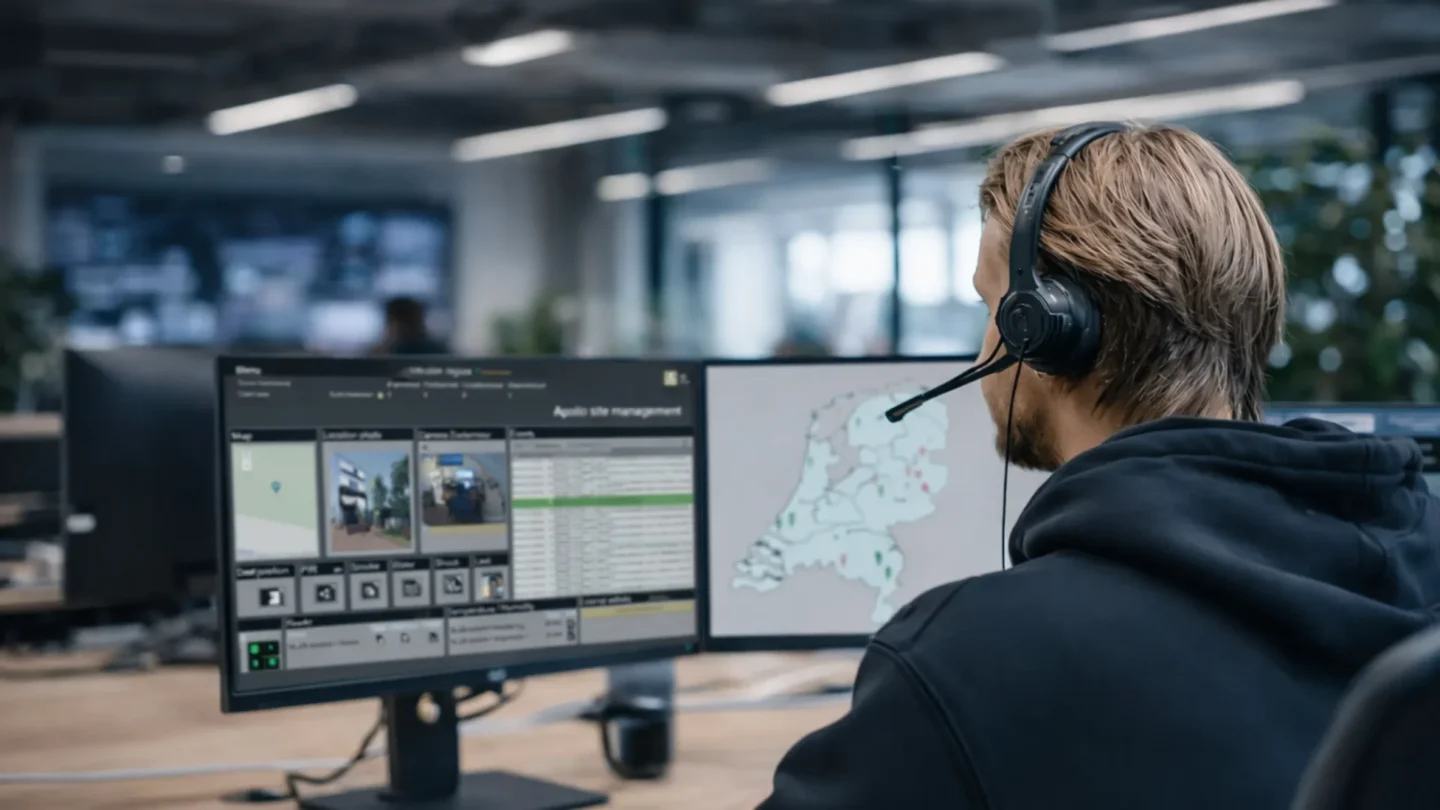 Operator monitoring Apollo asset and site management systems on multiple screens in a control room