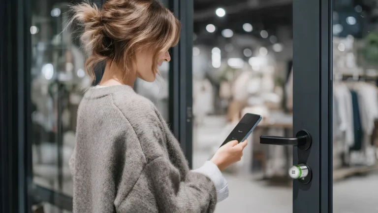 Woman using a smartphone with the ATLAS access control system to unlock a door