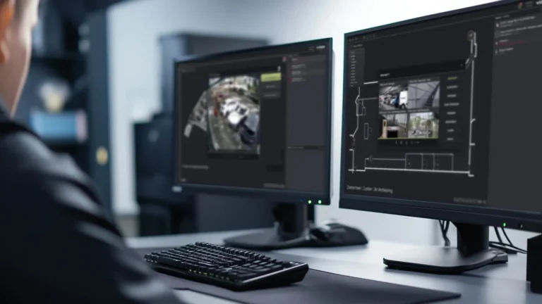 Operator using the FLINQ security management platform on multiple computer screens
