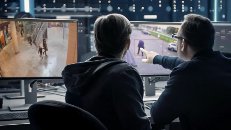 Operators reviewing surveillance footage using the VDG SENSE video management system on multiple screens