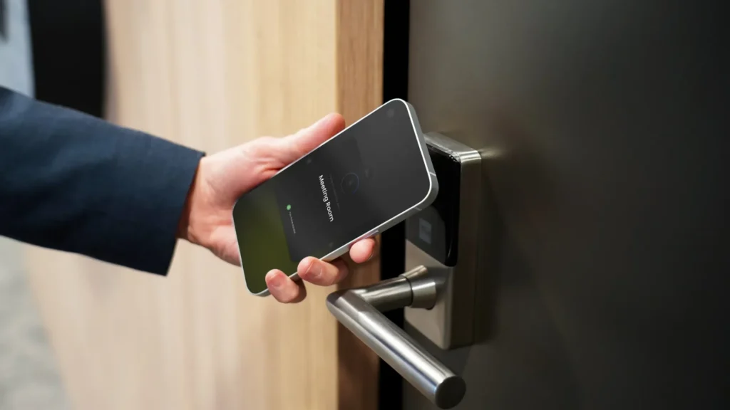 Person using a smartphone for mobile access control from ATLAS to unlock a door