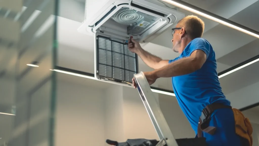 Technician servicing an air conditioning unit gaining entry with ATLAS access control