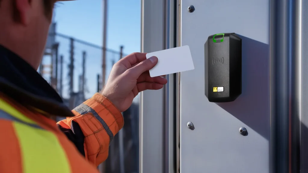 Technician using an access card on a reader managed with APOLLO asset and site management system