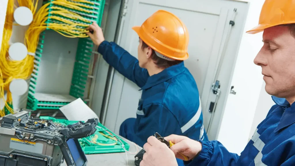 Technicians working on network infrastructure at Deutsche Glasfaser installing APOLLO asset and site management cabinet