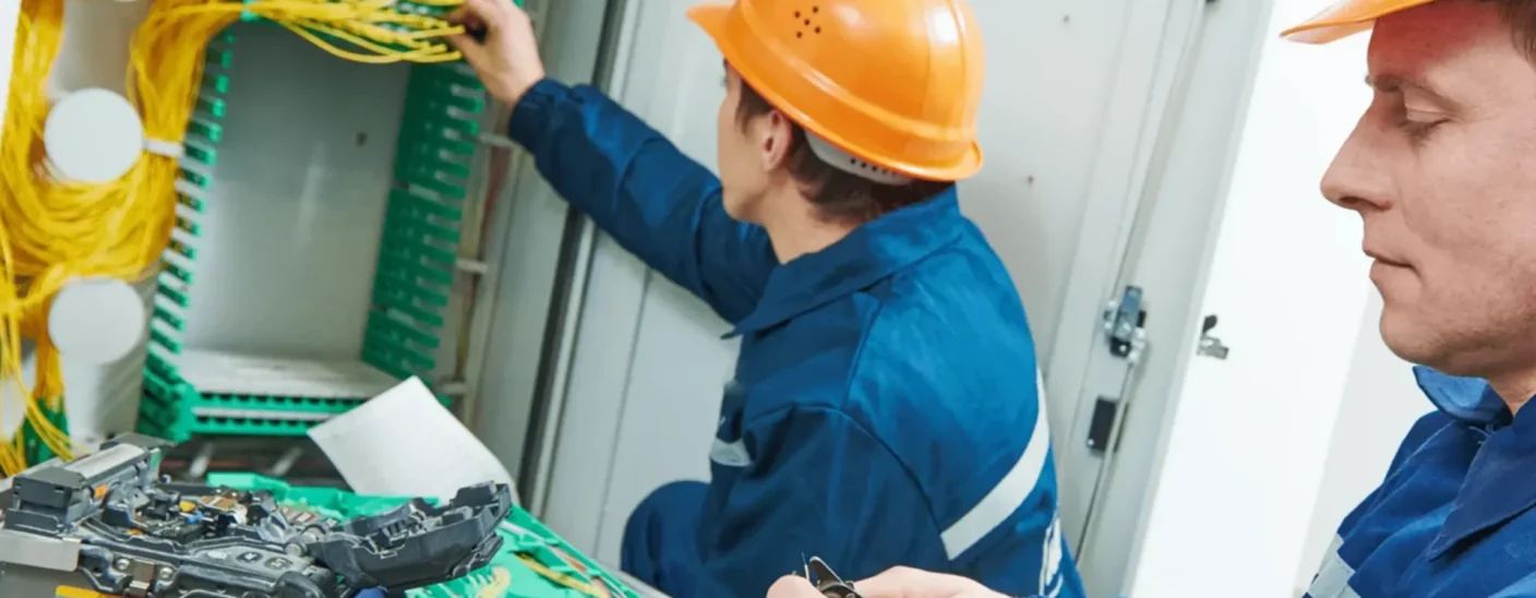 Technicians working on network infrastructure at Deutsche Glasfaser installing APOLLO asset and site management cabinet