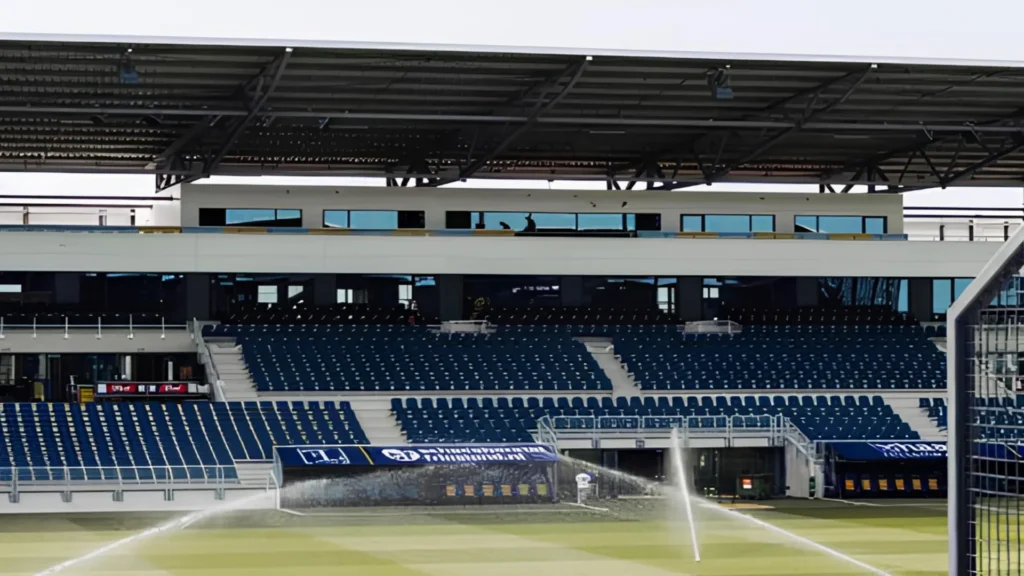 SC Cambuur Kooi Stadion pitch and stands during maintenance in a modern football stadium
