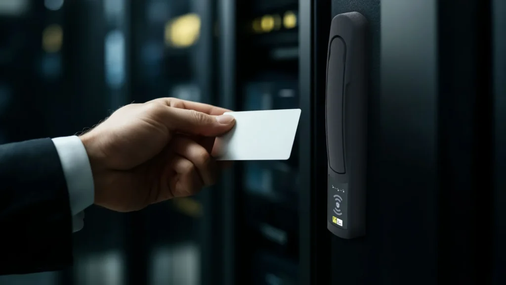 Person using an IPROTECT access card on a reader at noris network AG data centre