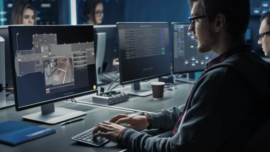 Operator monitoring multiple security management screens using FLINQ platform