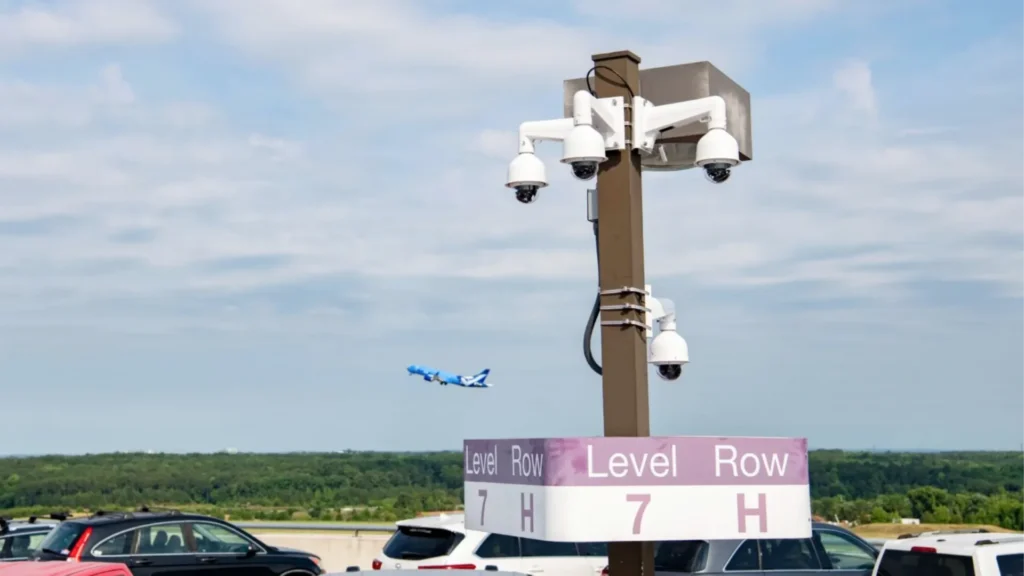 S2 smart sensor on airport garage rooftop with plane taking off in background