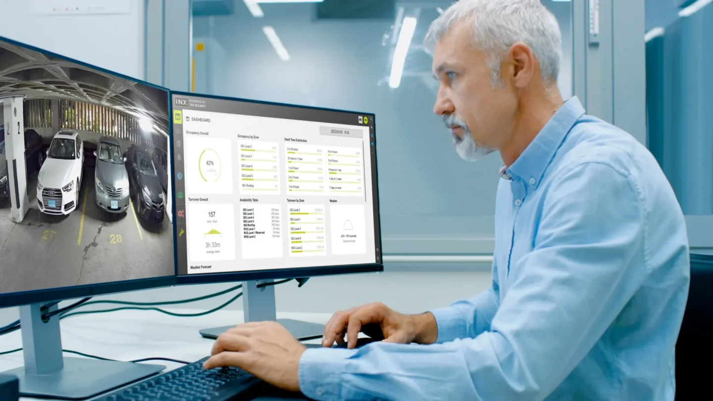 Real-time citywide parking availability displayed via digital signage, websites, and mobile apps through INX system.