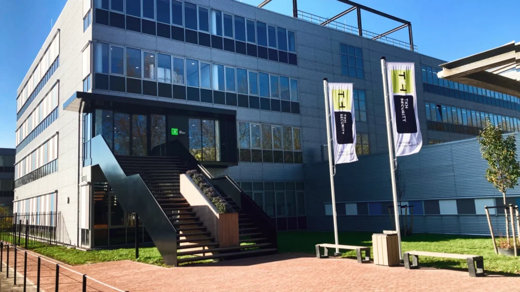 TKH Security headquarters building in Zoetermeer, the Netherlands, featuring company branding and modern corporate architecture.