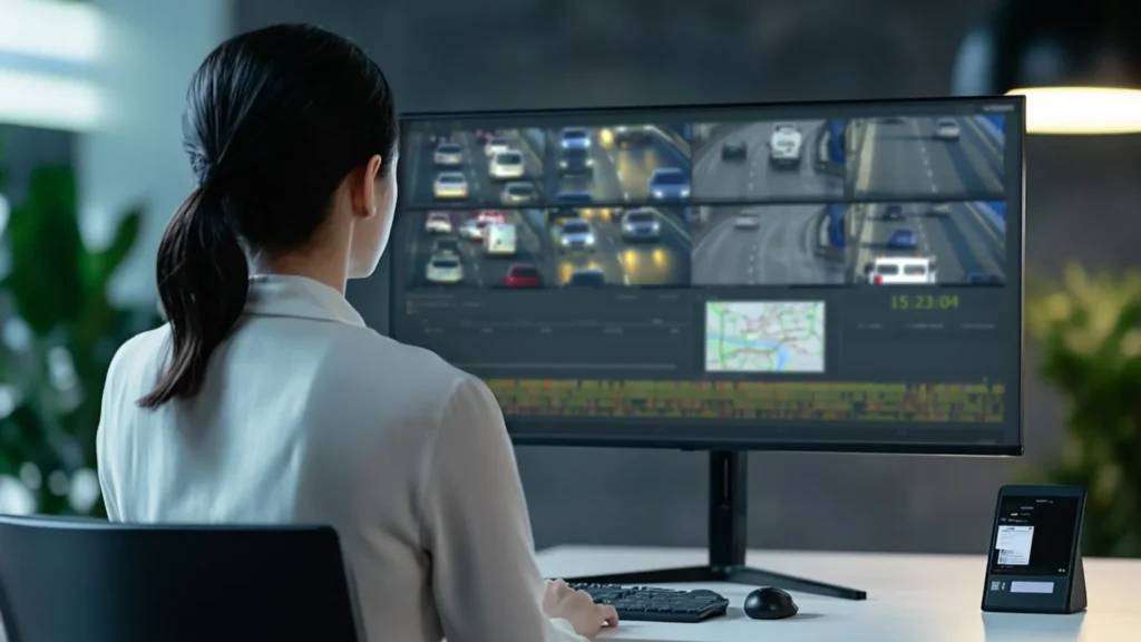 Control room with operator reviewing surveillance video on multiple screens using VDG SENSE VMS