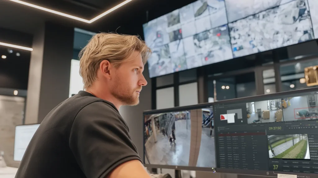 Security operator monitoring multiple surveillance screens using VDG SENSE video management system
