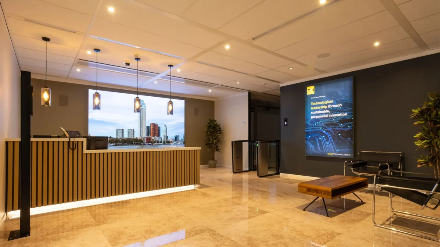 Modern reception area inside the TKH Experience Center