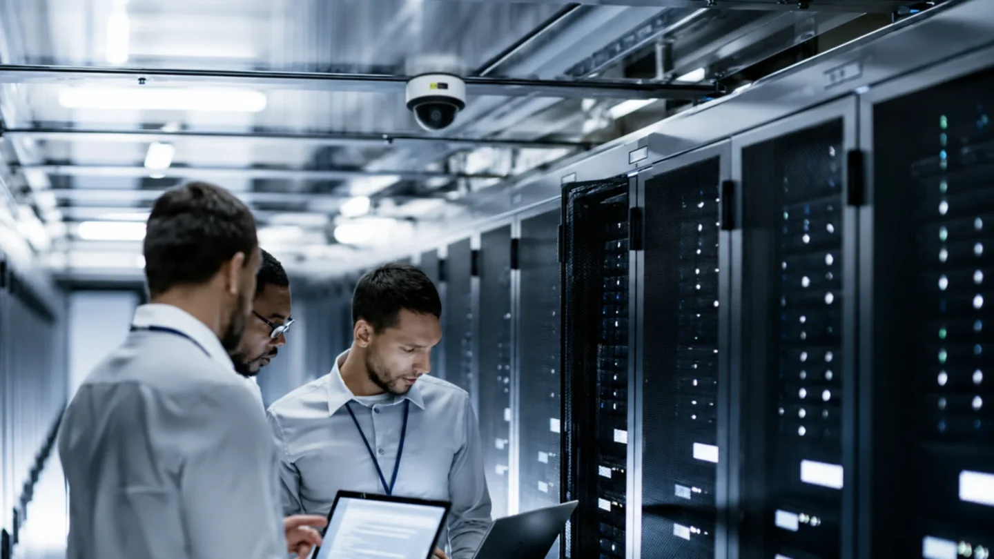 Three colleagues discussing security measures around a laptop in a server room