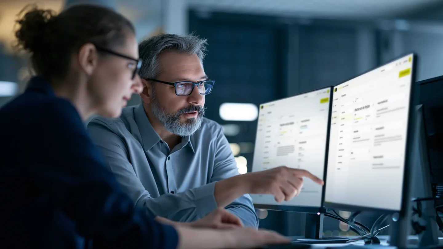 Two colleagues reviewing the IPROTECT visitor and employee management dashboard on dual monitors in a control room