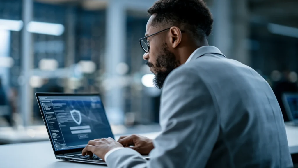 Man reviewing a cybersecurity shield graphic on his laptop in an office