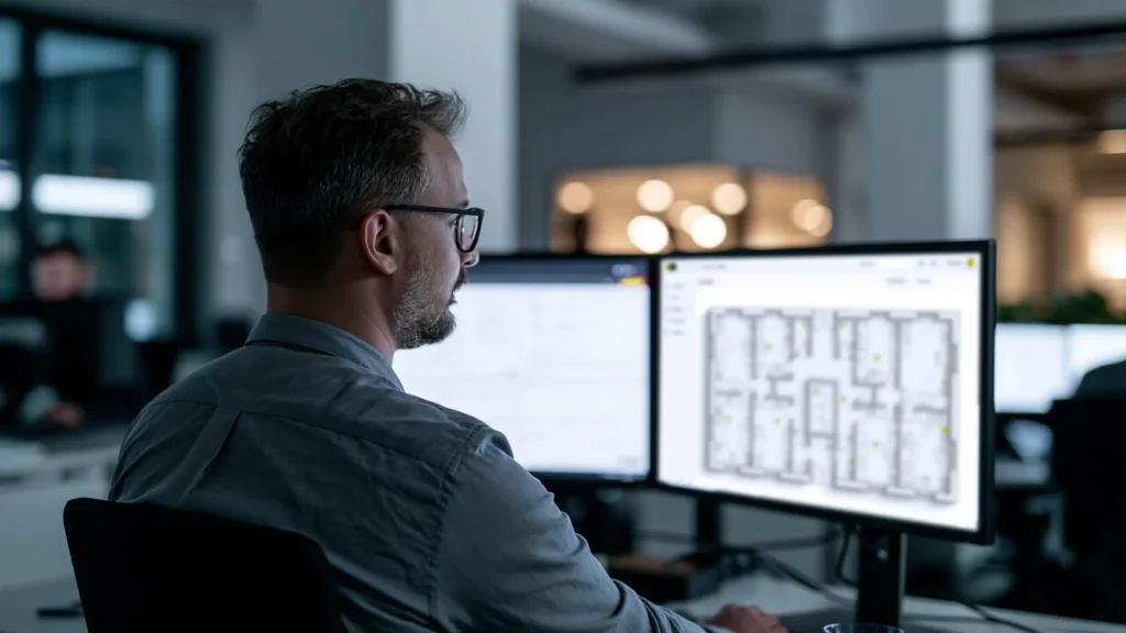 Man reviewing the IPROTECT security management dashboard (floor plan) on dual monitors in an office