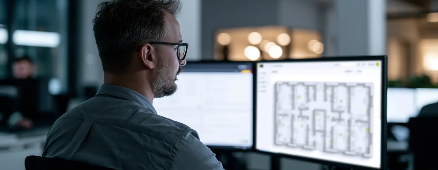 Man reviewing the IPROTECT security management dashboard (floor plan) on dual monitors in an office