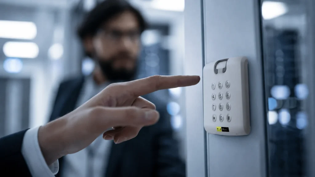 Man entering a PIN on a TKH Security keypad reader beside server racks