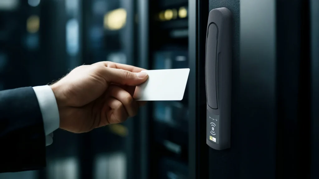 Hand presenting an access card to a TKH Security reader in a server room