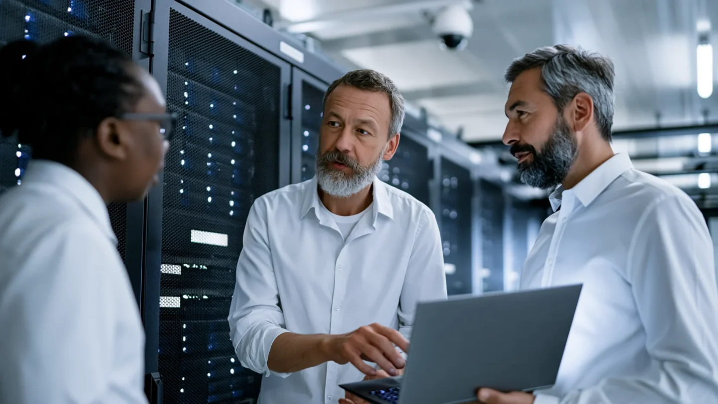 Three colleagues discussing security data around a laptop in a server room