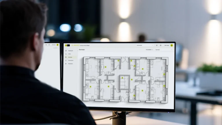 Man monitoring the IPROTECT security dashboard (floor plan) on dual monitors in an office