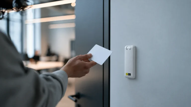 Person using an access card at a TKH Security reader on an office door
