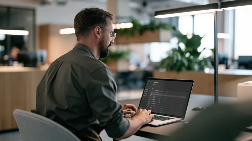 Facility Manager reviewing an ATLAS access event log on his laptop in an office