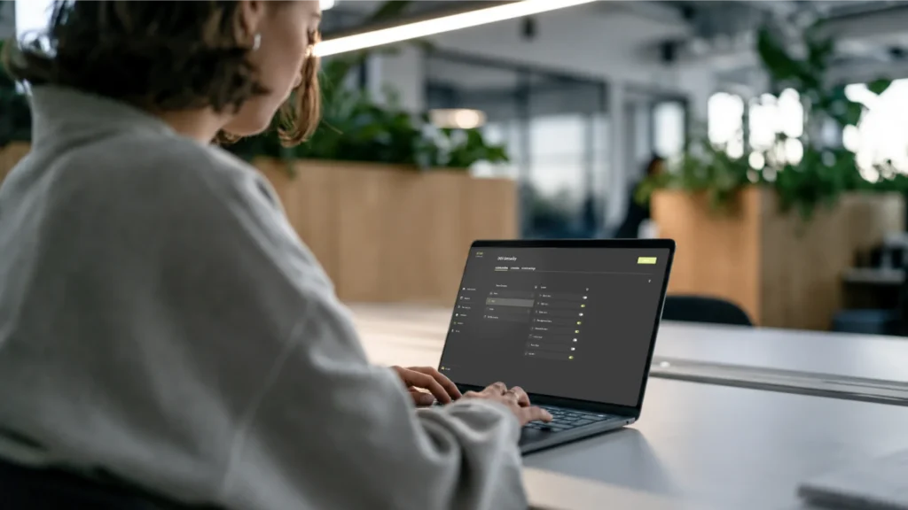 Woman using a laptop displaying the ATLAS access management dashboard