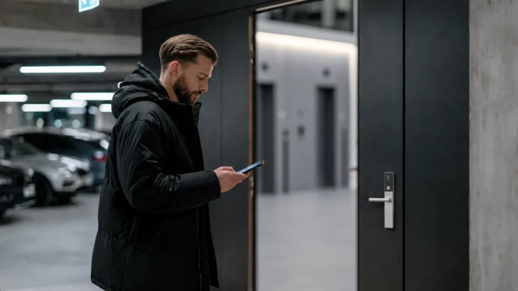 Visitor using his smartphone to unlock a door fitted with an ATLAS wireless lock handle in an underground parking garage