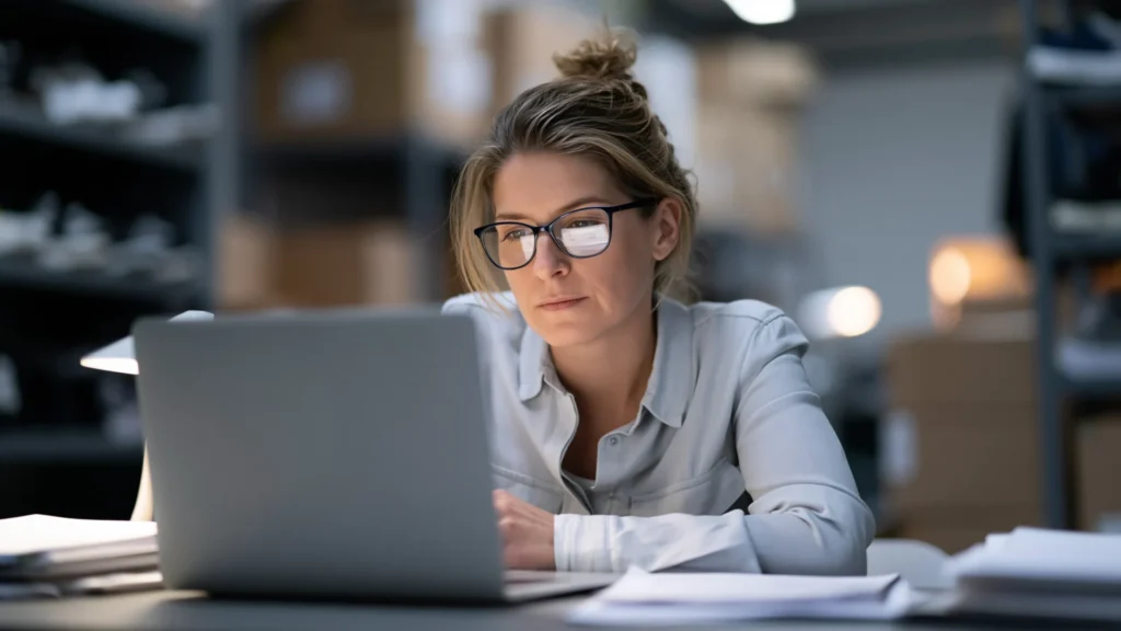 Property Manager working on a laptop in a stockroom surrounded by shelved inventory