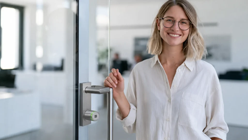 Woman opening a glass office door using an ATLAS wireless lock handle