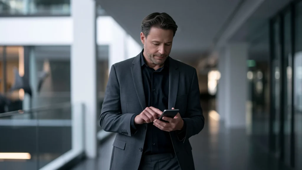 Property Manager checking his smartphone while walking through a modern building corridor