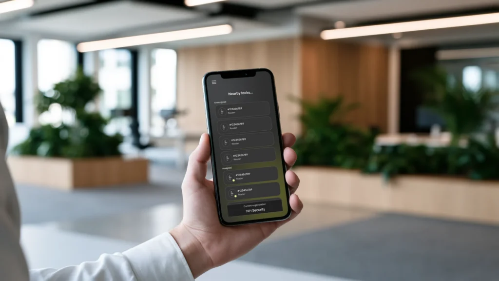 Hand holding a smartphone displaying a mobile app in an office lounge area