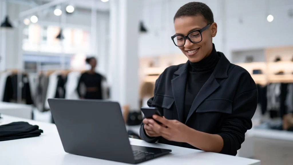 Woman using her smartphone and sharing an access credentials, beside a laptop in a retail store