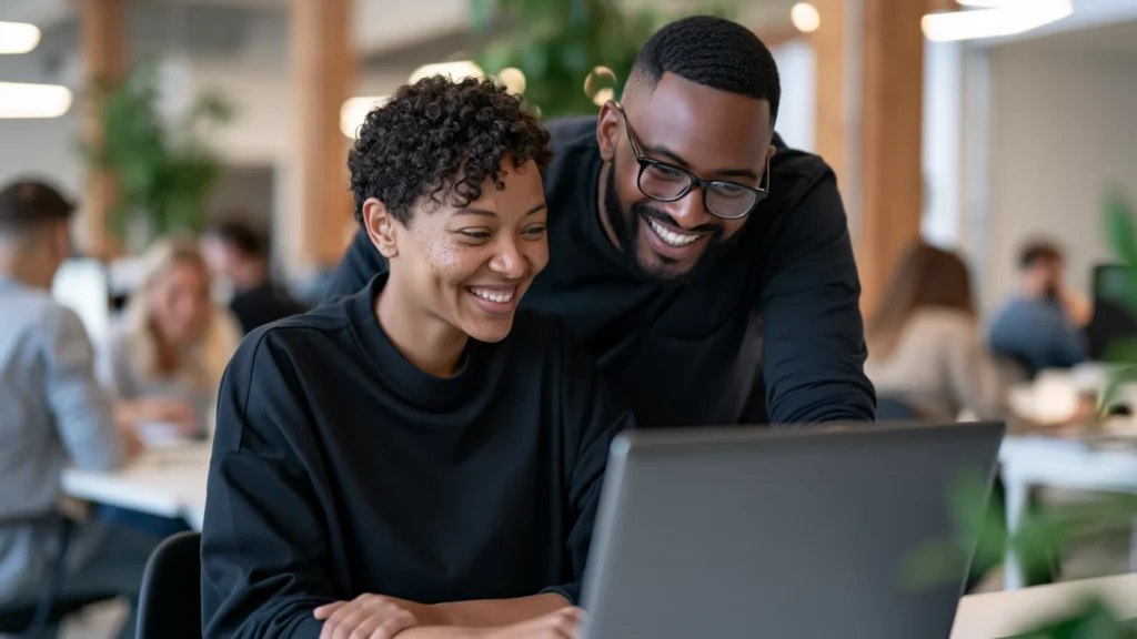 Man and woman laughing together while looking at a laptop in an office