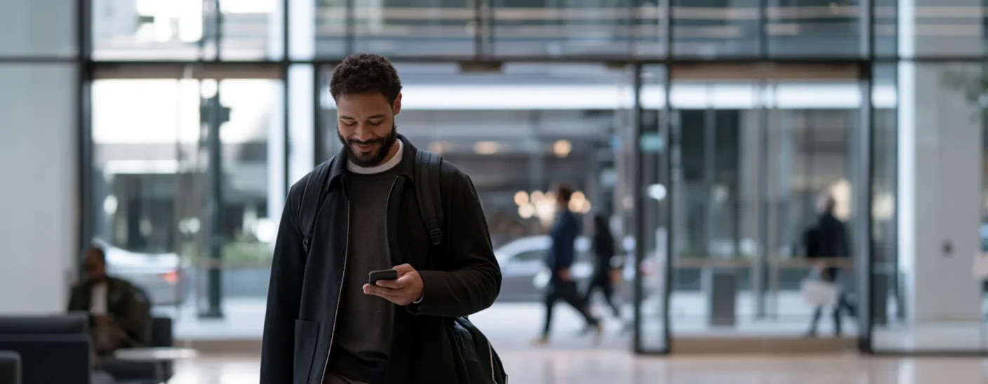 Man checking his smartphone while walking through a modern office building lobby