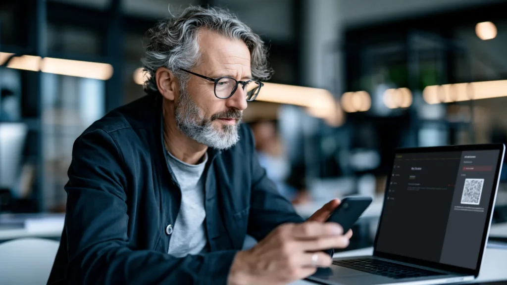 Man checking his phone beside a laptop displaying the ATLAS dashboard with a QR access code