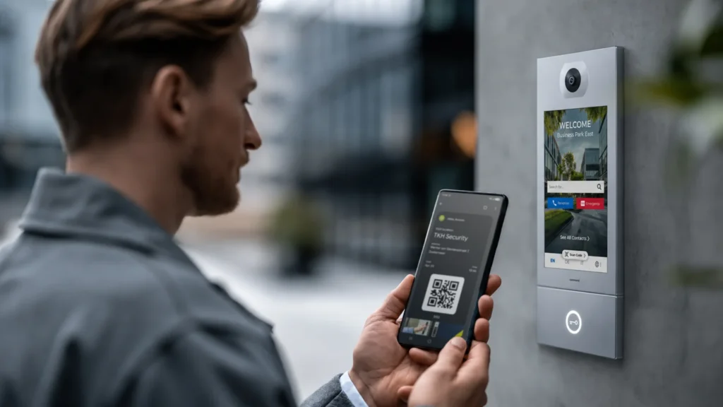 Visitor holding a smartphone showing a QR code, scanned by a Commend intercom camera to grant building access