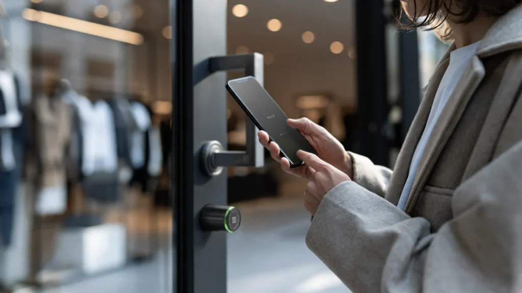 Hand holding a smartphone displaying the ATLAS Config app's nearby locks screen in a retail store