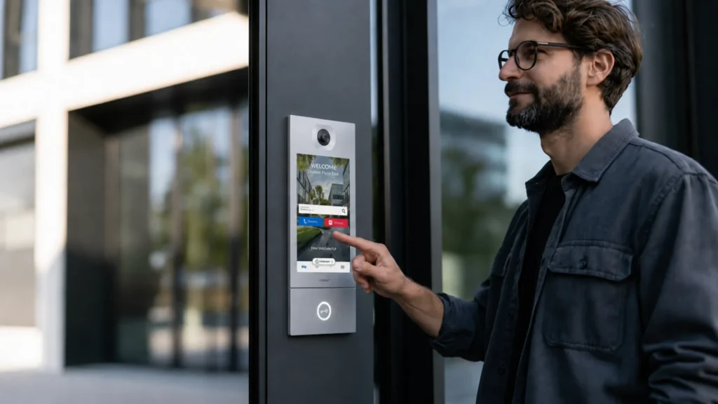 Visitor using a Commend COMMIQ video intercom panel to request building access