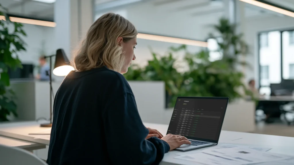 Property Manager reviewing an ATLAS access log on her laptop at a standing desk