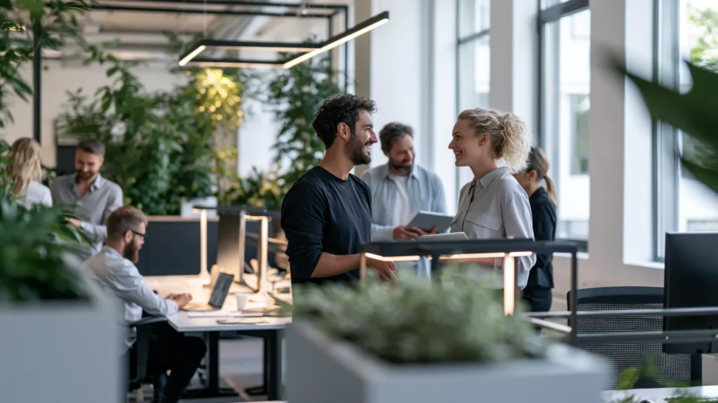 Colleagues chatting around a standing desk in a modern open-space office