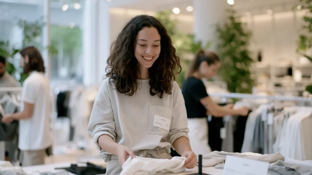 Woman folding clothing on a display table in a retail store