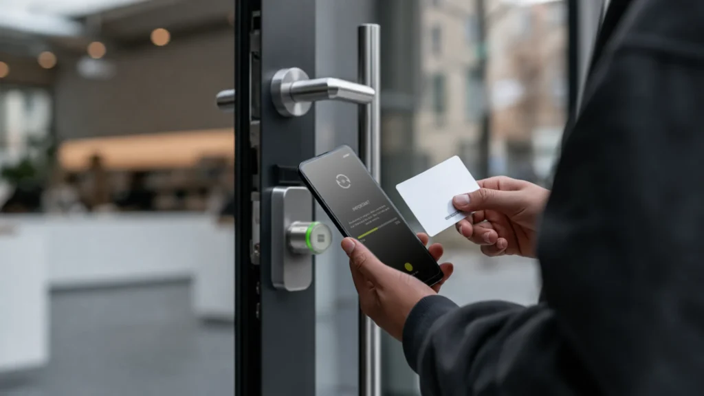 Woman using her smartphone to unlock ATLAS wireless lock on a retail store door