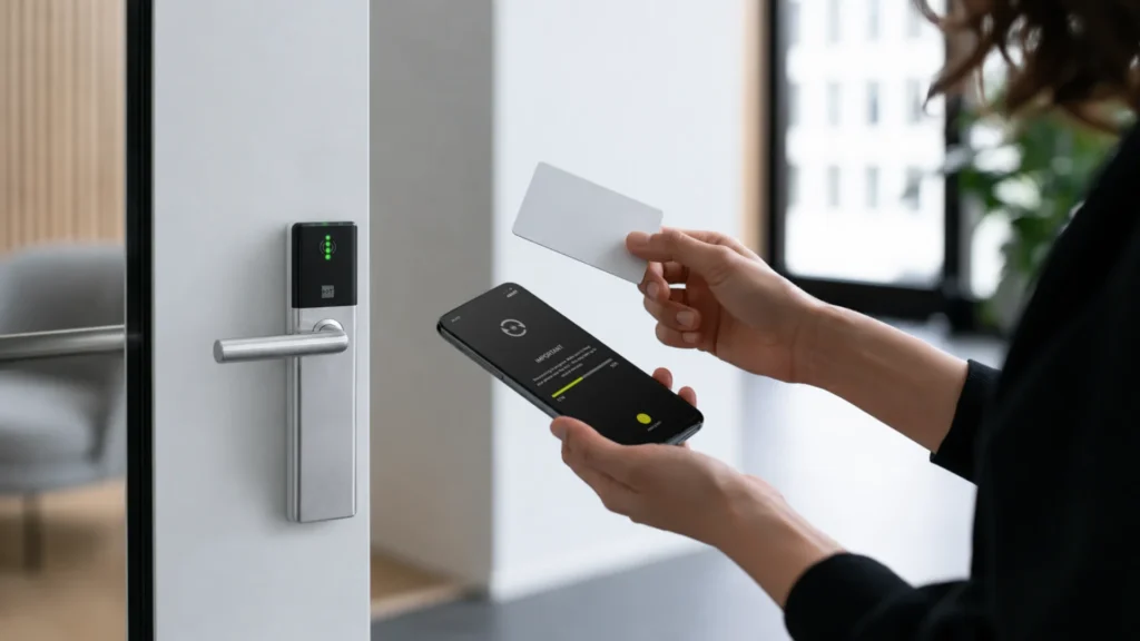Woman using an access card and the ATLAS Config app to set up a wireless door lock