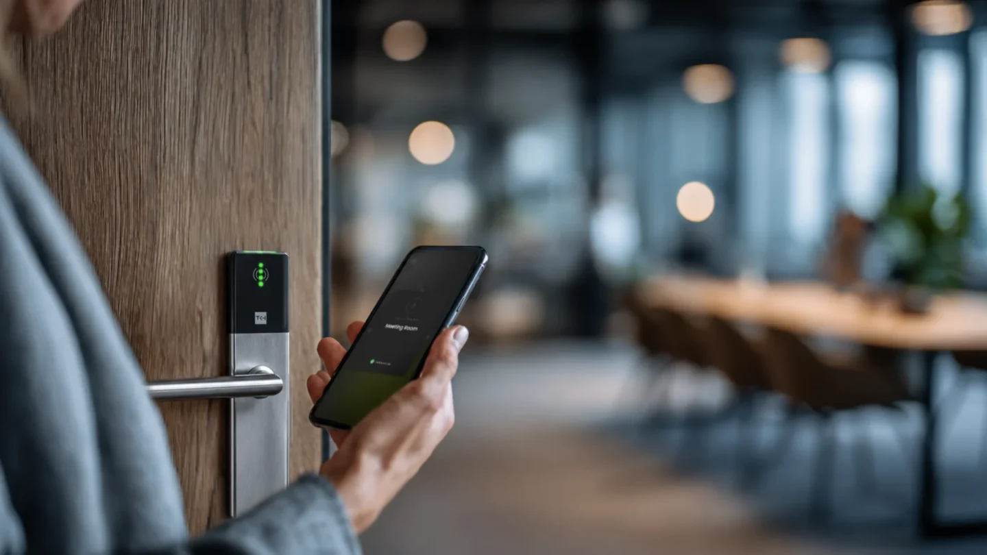 A hand holding a phone at a office door fitted with a handle, with a meeting room behind